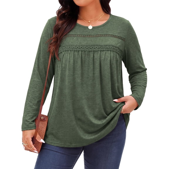WellSize Plus Size Women Blouses Lace Long Sleeve Boho Tops Crew Neck Fall Shirts Trendy Tunic Blouses