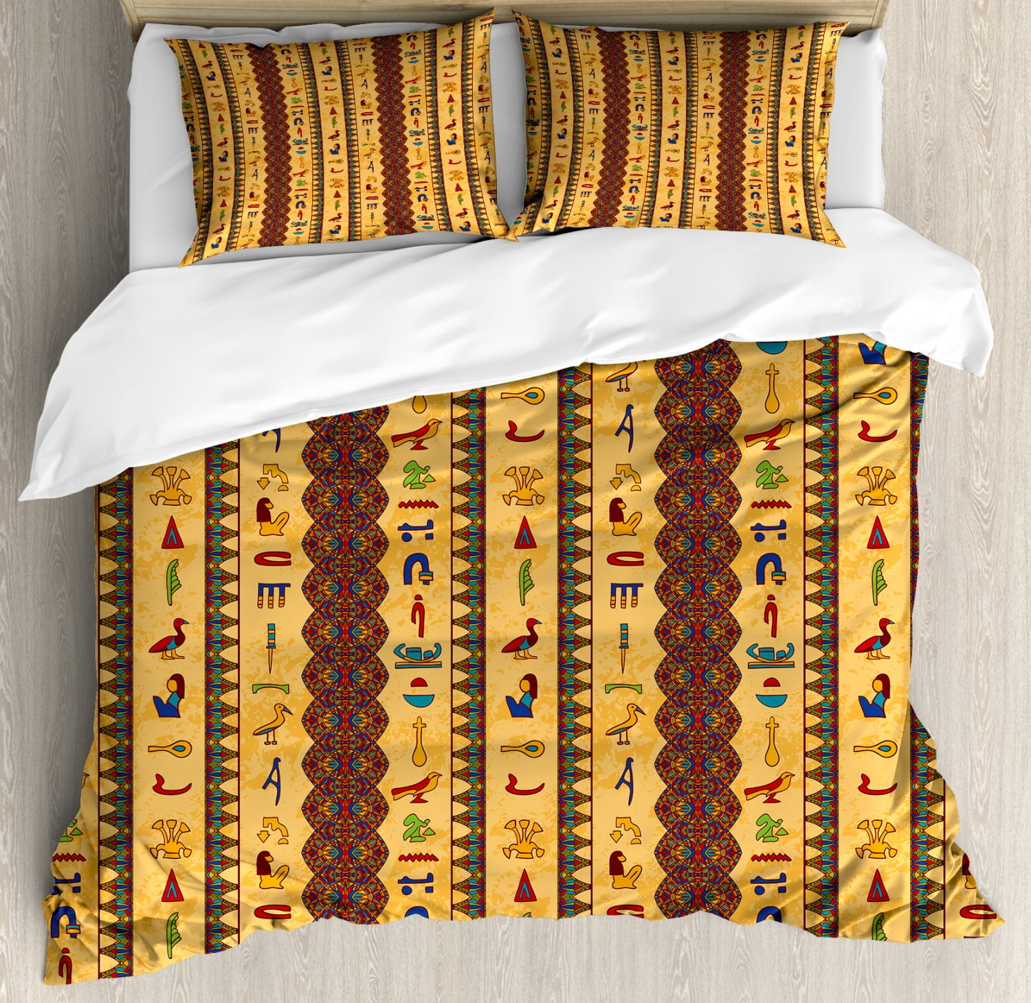 Egyptian Duvet Cover Set King Size, Ancient Hieroglyphs and Floral