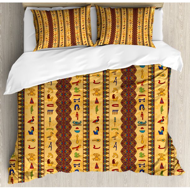 Egyptian Duvet Cover Set King Size, Ancient Hieroglyphs and Floral