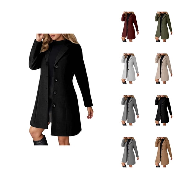 Long Wool Coat for Women Long Sleeve Notch Collar Single Slim Fit Open Front Jacket Work Office Cardigan