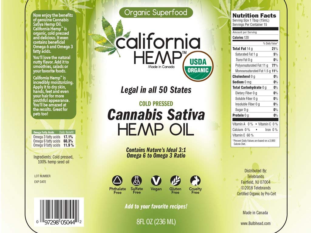 California Hemp Oil, USDA Organic, Cold Pressed Hemp Seed Oil