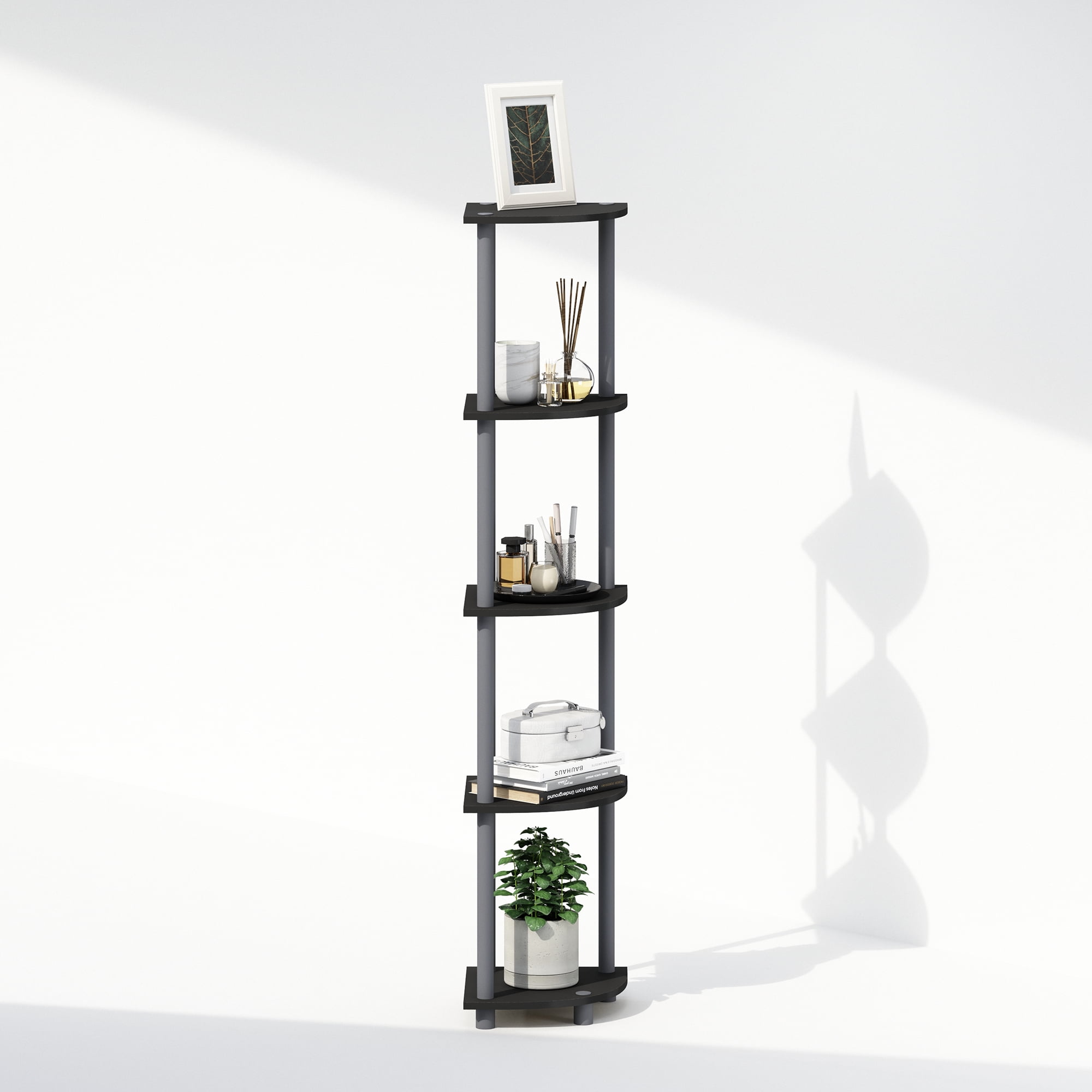 Furinno Turn-N-Tube 5 Tier Multipurpose Corner Display Rack Shelving Unit, Black/Grey