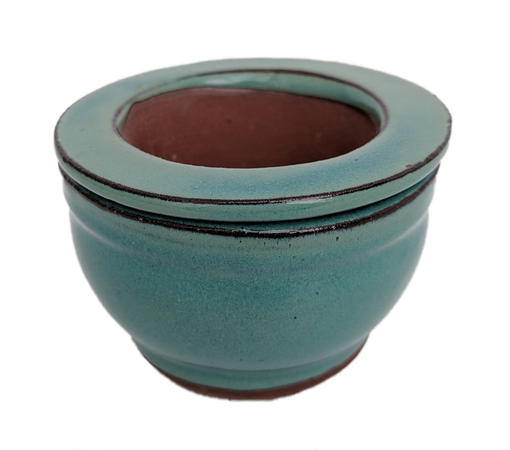 Self Watering Glazed Ceramic Pot Aqua Round Fancy 3 3/4" x 2 1/2