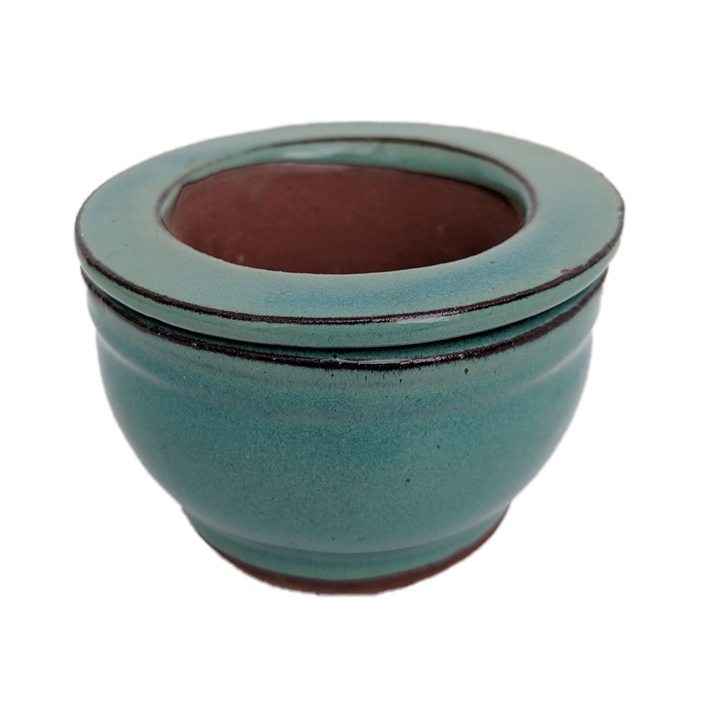 Self Watering Glazed Ceramic Pot Aqua Round Fancy 3 3/4" x 2 1/2