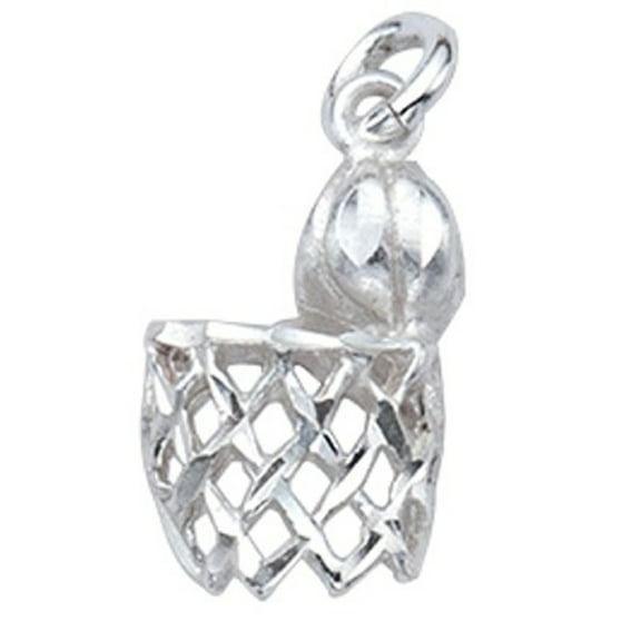 Sterling Silver 16" .8mm Box Chain Basketball Going Into The Hoop Basket Pendant Necklace