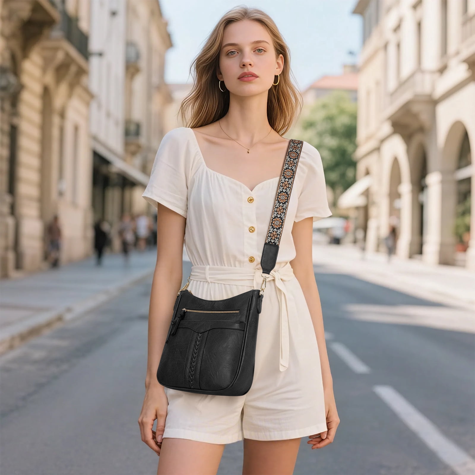 RAINSMORE Crossbody Bags for Women Leather Shoulder Handbags Trendy Crossbody Purses Soft Lightweight Travel Purse,Black
