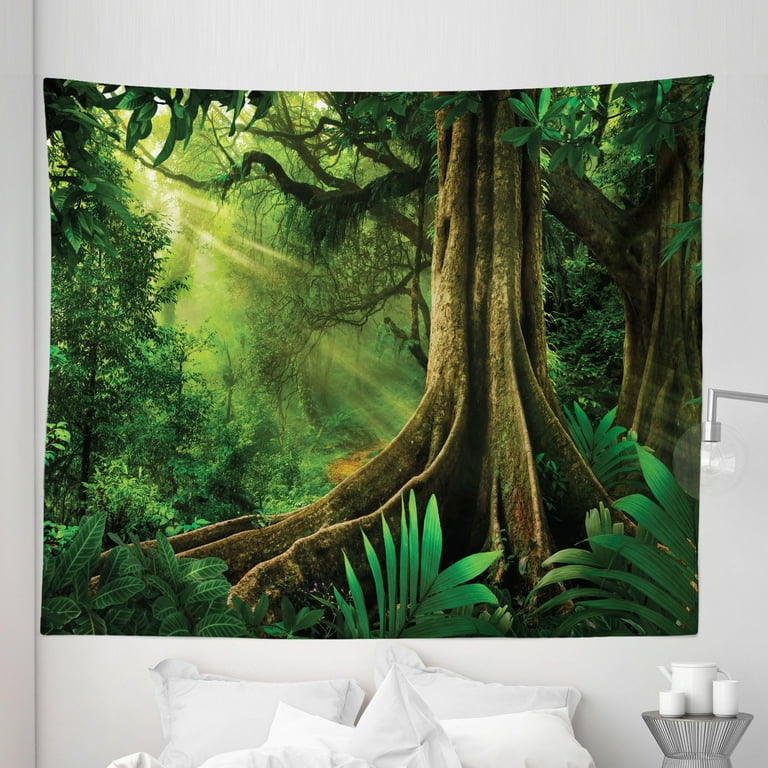 Trees Tapestry Exotic Rainforest Scene of Jungle Branches Emerald Leafy Nature Eco Outdoorsy Fabric Wall Hanging Decor for Bedroom Living Room Dorm