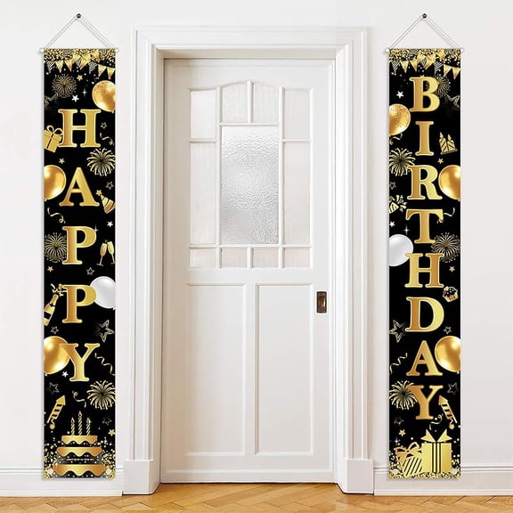 Happy Birthday Door Banner Black and Gold Birthday Decorations for Men Women Black Gold Porch Sign Banner Party Decorations Banner Supplies