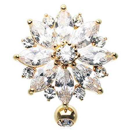 Body Accentz Belly Button Ring Navel Golden Radiant Flower Multi-Gem Reverse 14g