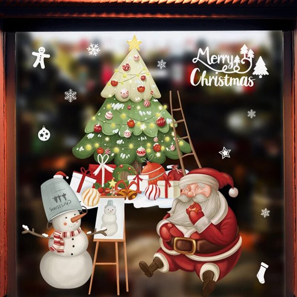 Pegatinas de Feliz Navidad para ventana, Papá Noel, muñeco de nieve, árbol de Navidad, decoraciones navideñas para el hogar, Feliz Año Nuevo 2024