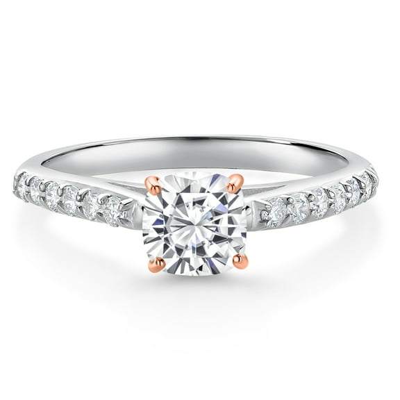 Gem Stone King 10K White Gold Engagement Ring with Rose Gold Prongs G/H Lab Grown Diamond Set with Moissanite (0.81 Cttw, Size 9)