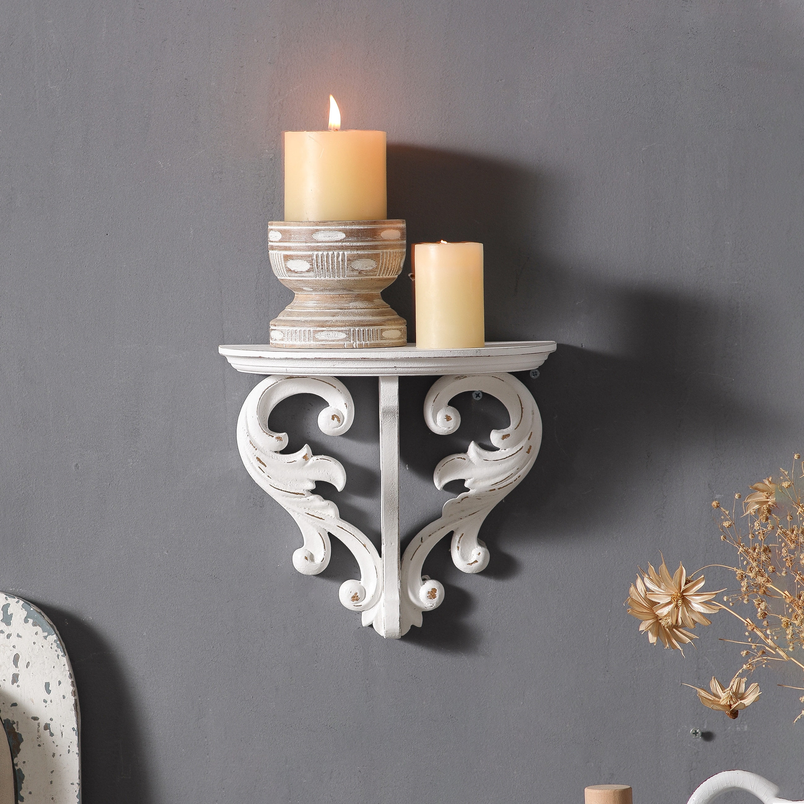 SOFE Vintage Wooden Wall Shelf - Distressed White Drop Shape Floating Shelves for Small Spaces, 10" Wide Decorative Shelf for Plants, Books, Entryway & Office