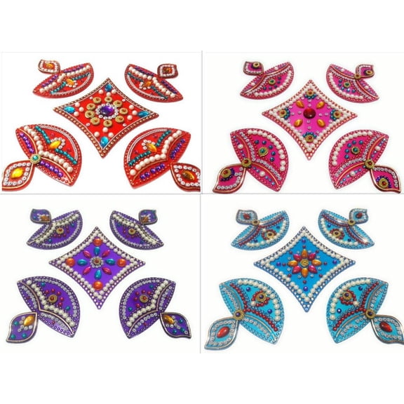 FineArt Handcrafted Decorative Rangoli set Multicolor Jewel Stone/ Kundan Red, Pink, Purple and Blue Acrylic Base - 4 Rangoli set - 20 Pieces for Sankranti, Makarsankranti, Pongal, Diwali Festival