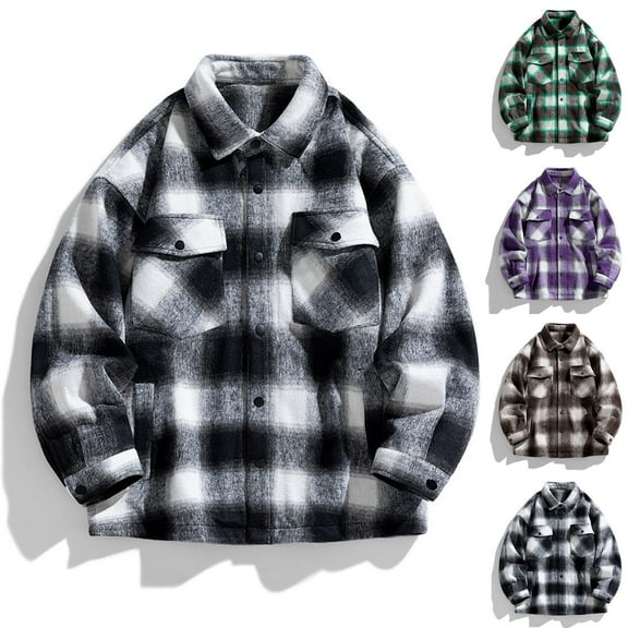 Gmluru Men's Plaid Jacket Solid Color Zipper Pockets Long Sleeve Plaid Winter Coats