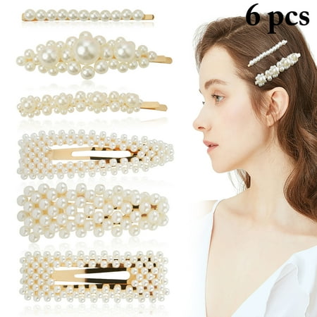 Vintage Pearl Snap 6PCS Pearl Hair Clips for Women Girls, Sweet Vintage Artificial Pearl Alligator Barrettes Bobby Pins Snap Bows Bridal Weeding Headwear Accessories ()