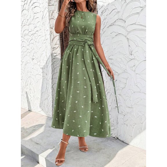 Mint Green Floral Print Sleeveless Tie Waist A-Line Maxi Dress For Women