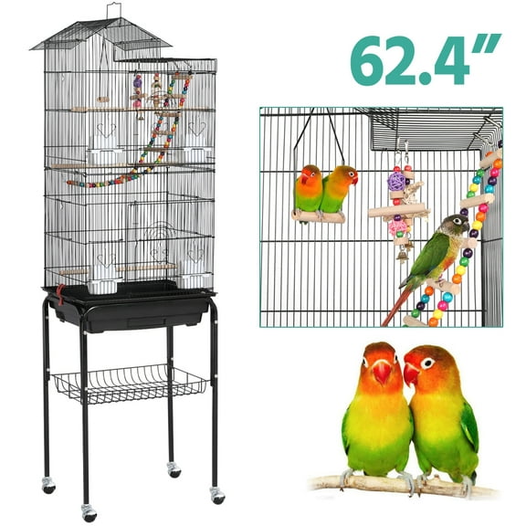 Alden Design 62.4"H Metal Rolling Mid-Size Bird Cage with Detachable Stand, Black