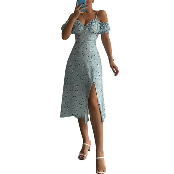 Suagox Women’s Casual Suspender Short Sleeve Dress Fashion Floral V-neck Split Mid-length Dress