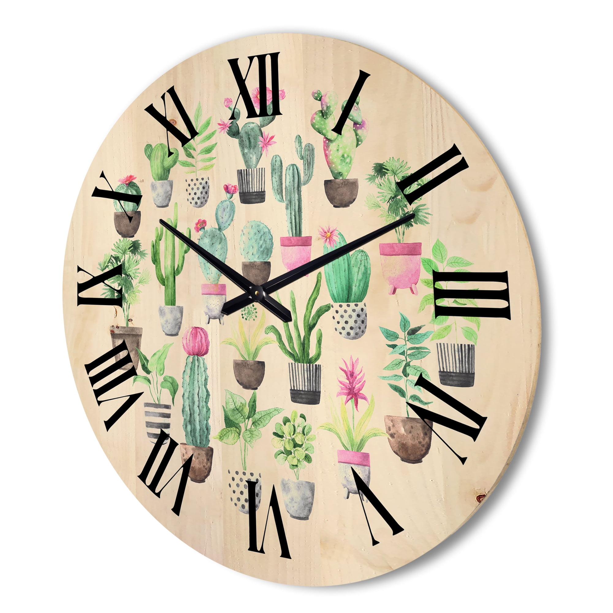 Designart 'Cactus In Ceramic Pots In Gentle Tones II' Traditional Wood Wall Clock