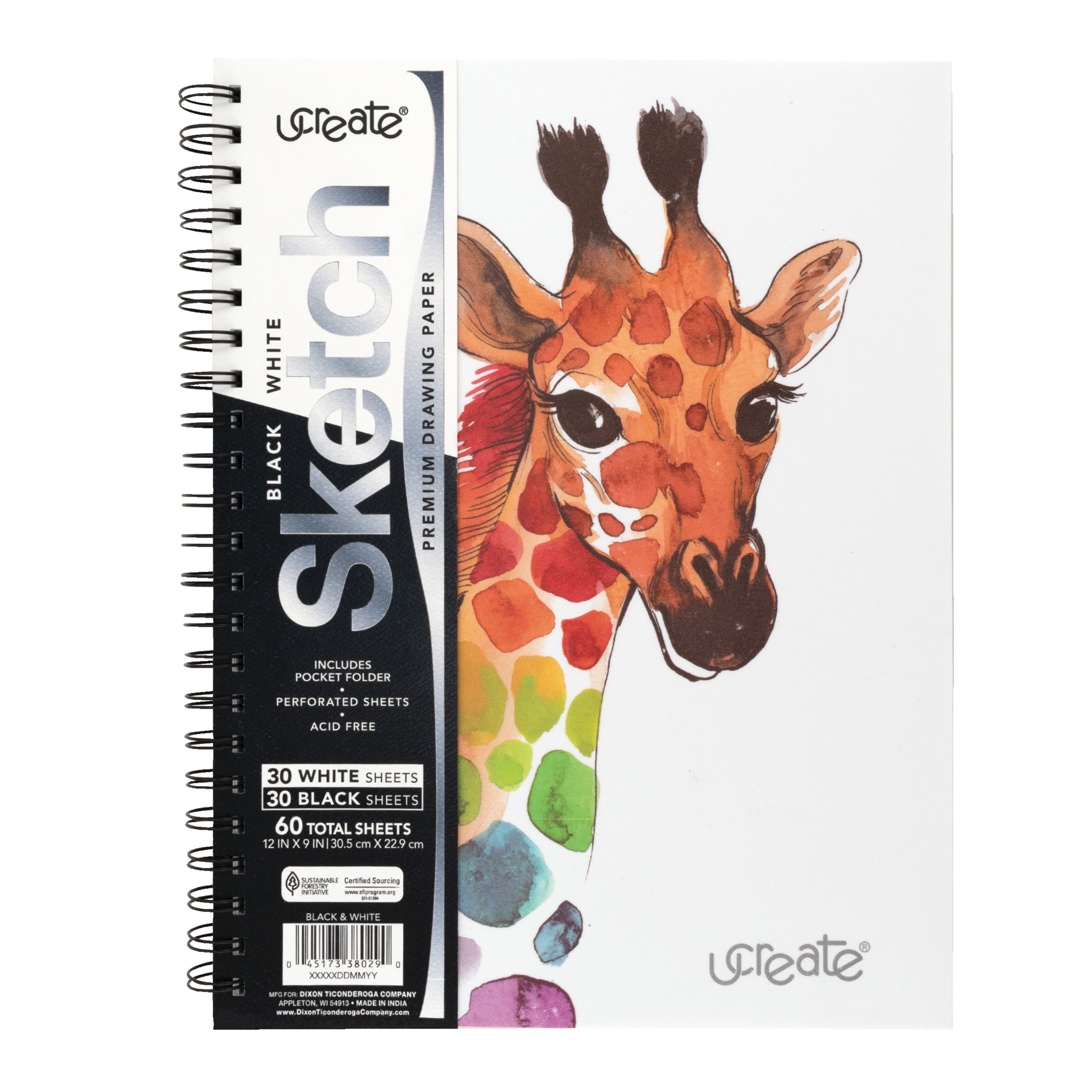 UCreate Premium Sketch Book, 9 in x 12 in, Black & White Paper, 60 Sheets