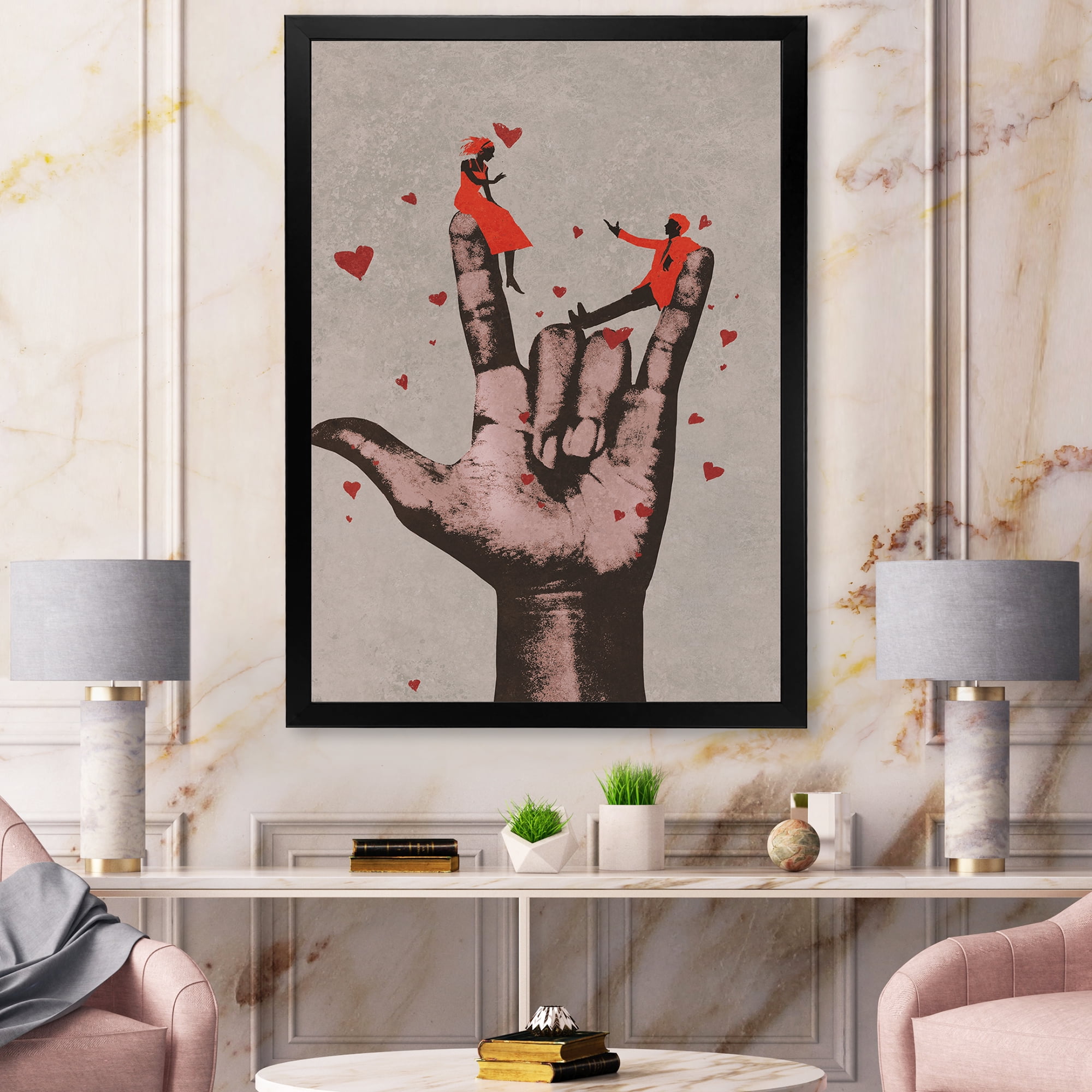 Designart 'I Love You Hand Sign With Romantic Couple' Modern Framed Art Print