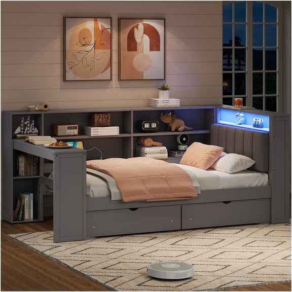 JERFIT Grey Twin Size Storage Platform Bed with LED Headboard, USB Charging, Desk Drawers