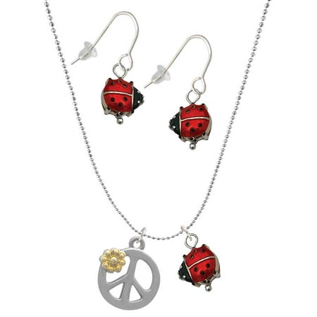 Delight Jewelry Two-tone Large Peace Sign with Daisy and Crystal Red Lucky Ladybug Necklace and Dangle Earrings Set