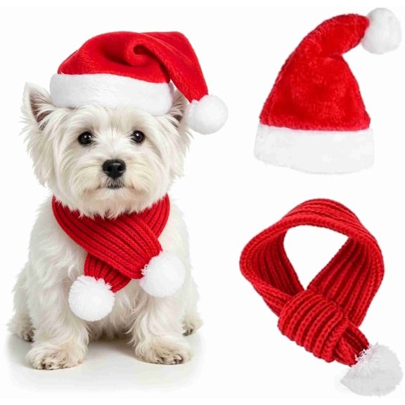 Christmas Dog Santa Hat and Scarf, Adjustable Santa Hat for Dog Christmas 40cm/15.6in Dog Scarf Dog Winter Neck Warmer Scarf Doggy Neck Costume Set for Cats and Small Dogs