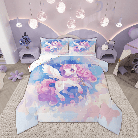 Erosebridal Unicorn Bedding Set Twin Size Kawaii Room Decor for Teen Cute Dreamy Horse Comforter Set Girly Lovely Reversible Stars Quilted Comforter Cartoon Unicorn Duvet Set