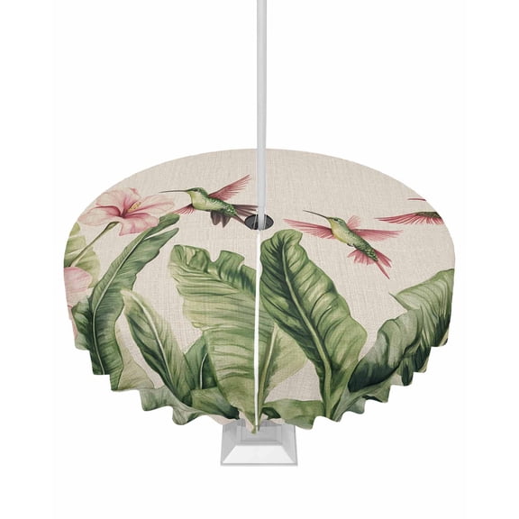 nqOlkjepod Summer Flowers Outdoor Tablecloth with Umbrella Hole & Zipper, Retro Country Tropical Palm Leaves Birds Round Table Cover 54 Inch, Dining Waterproof Table Cloth Protector for Patio/Party