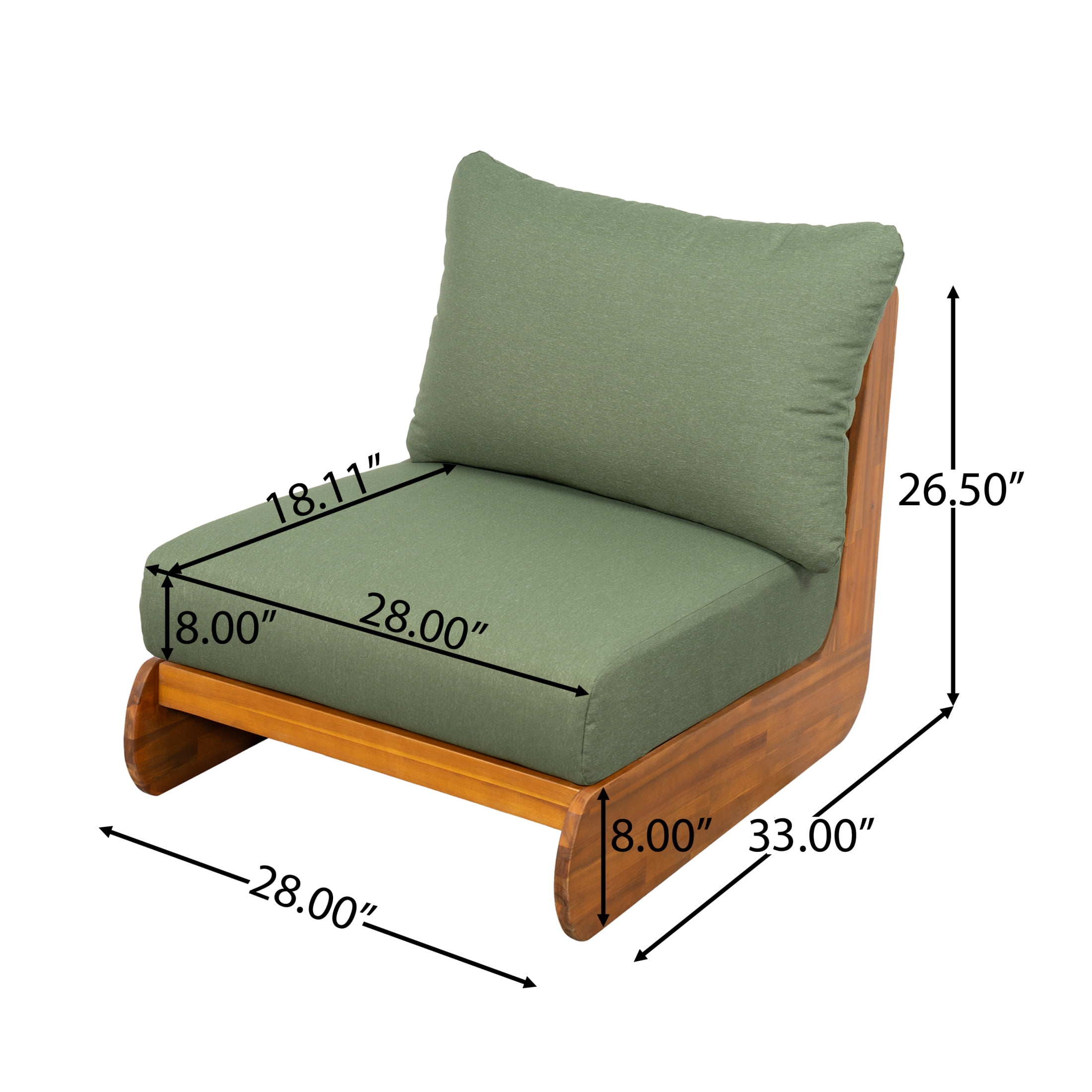 Christopher Knight Home Mid-Century Modern Outdoor Low Lounge Chair with Cushions, Solid Wood Frame, Green