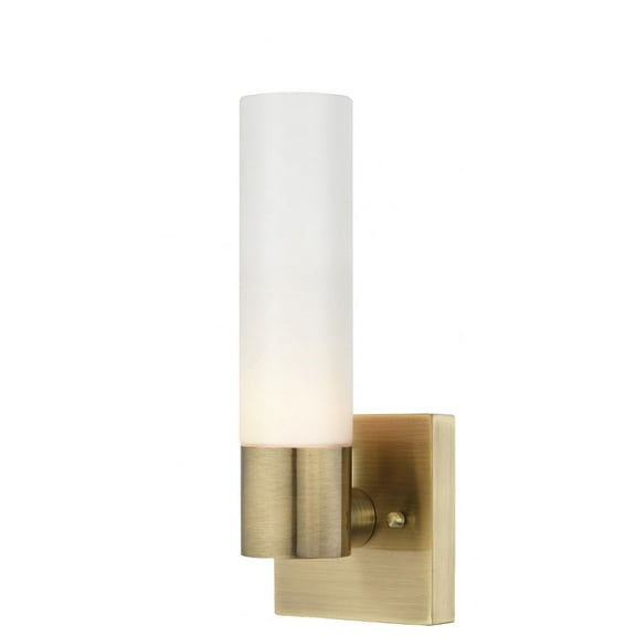 1 Light Contemporary Steel Ada Wall Sconce with Satin Opal White Glass-11.25 inches H By 4.5 inches W-Antique Brass Finish Bailey Street Home