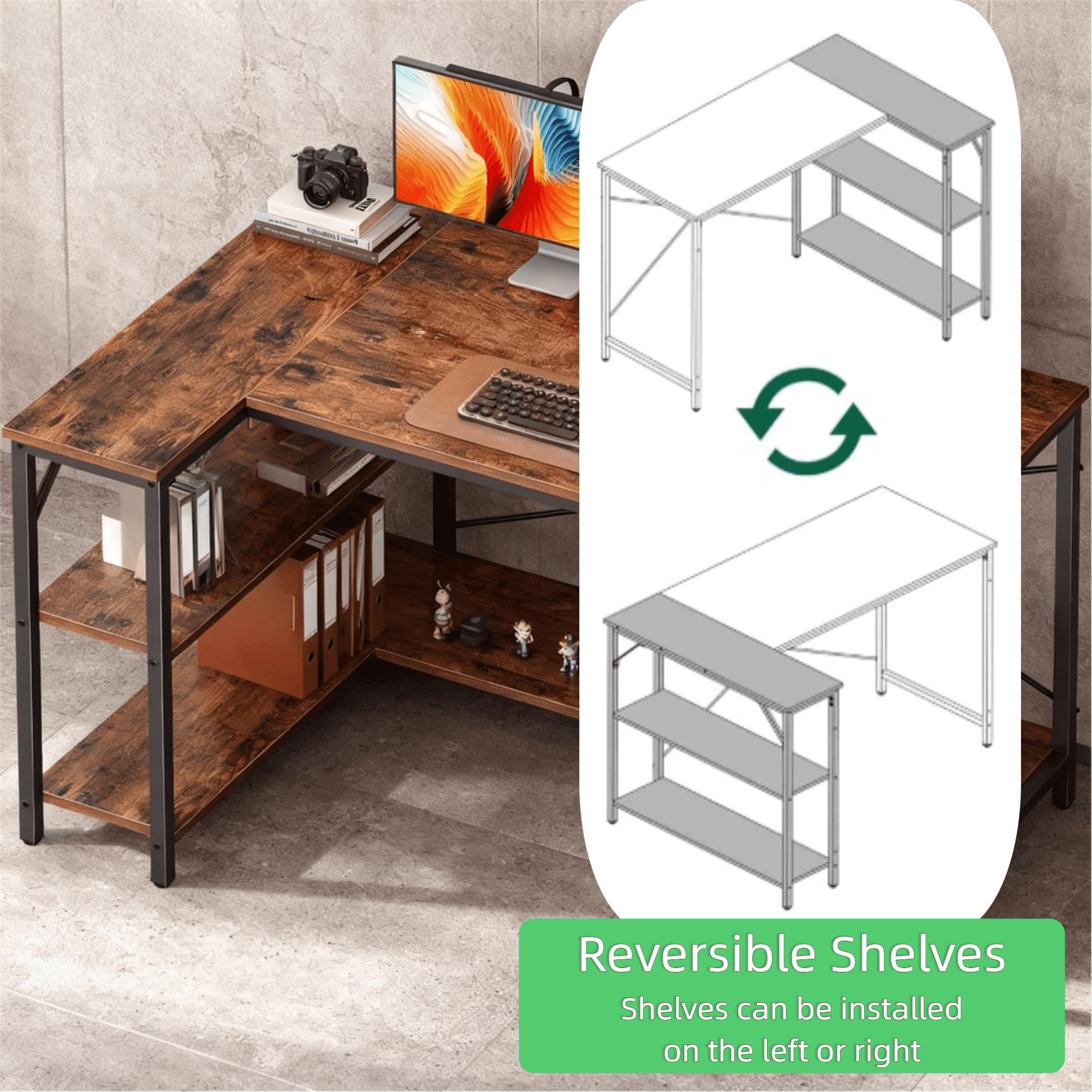 CONCETTA 47” L Shaped Computer Desk with Reversible Storage Shelves, Corner Gaming Desk with PC Stand, Home Office Writing Study Table, Black