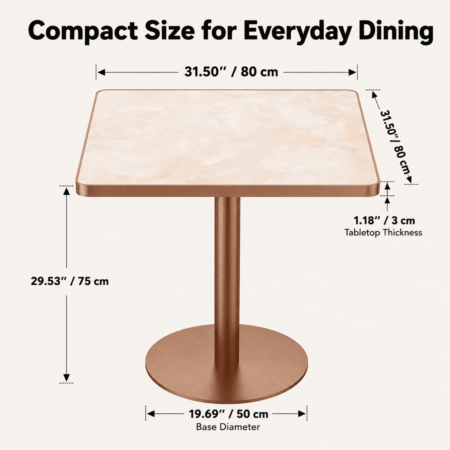 Miniyam 31.5 in Square Dining Table for 2-4, Marble-Look Sintered Stone Top, Stainless Steel Pedestal Base for Small Space, Pink