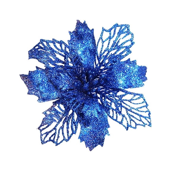 LKWLPD Simulated Christmas Decorations 5 Pcs 9In Glitter Christmas Flowers Blue Poinsettia Artificial Flower Christmas Tree Flowers Wreath Tree Ornaments