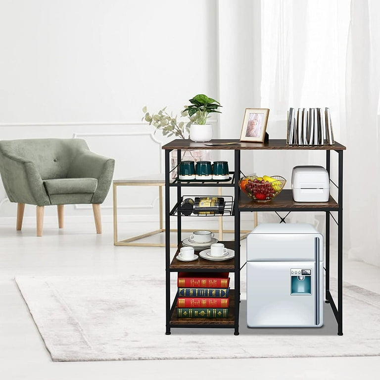Bakers Racks for Kitchens with Storage Mini Fridge Stand Bar Cabinet with Mini Fridge Space Big Drawer Wine Rack Metal Frame Industrial Workstation