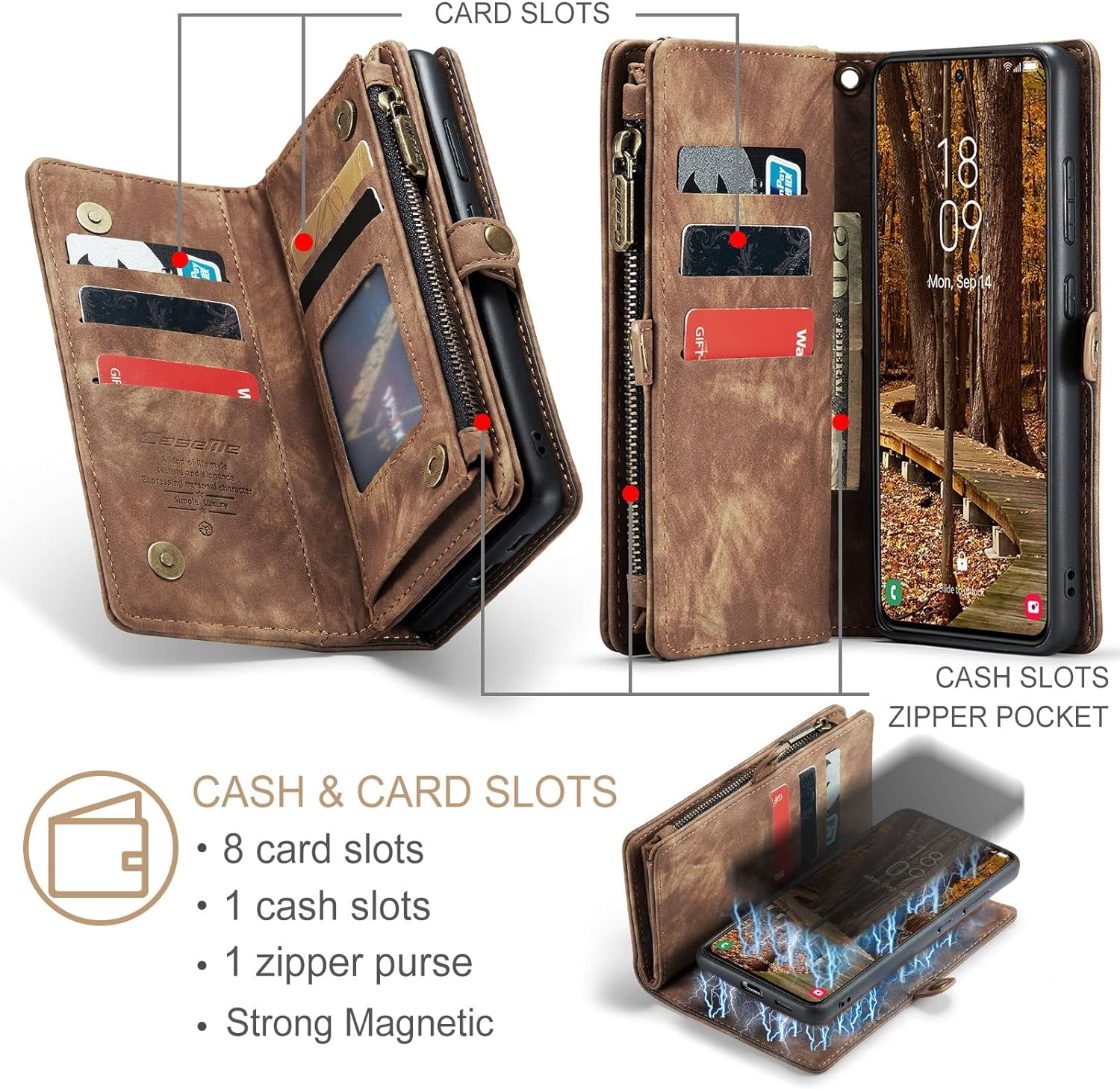 2 in 1 Detachable for Samsung Galaxy S23+ / S23 Plus Wallet Case with Card Holder, Retro Premium Flip Leather Cover  Zipper Pocket Phone Cases 6.6'' (Coffee,S23+/S23 Plus)