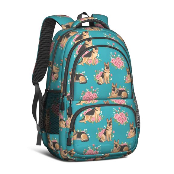 German Shepherd and Rose Cute School Backpack Bag with Padded Back and Adjustable Shoulder Straps 16.9 X 12.6 X 5.9 Inches