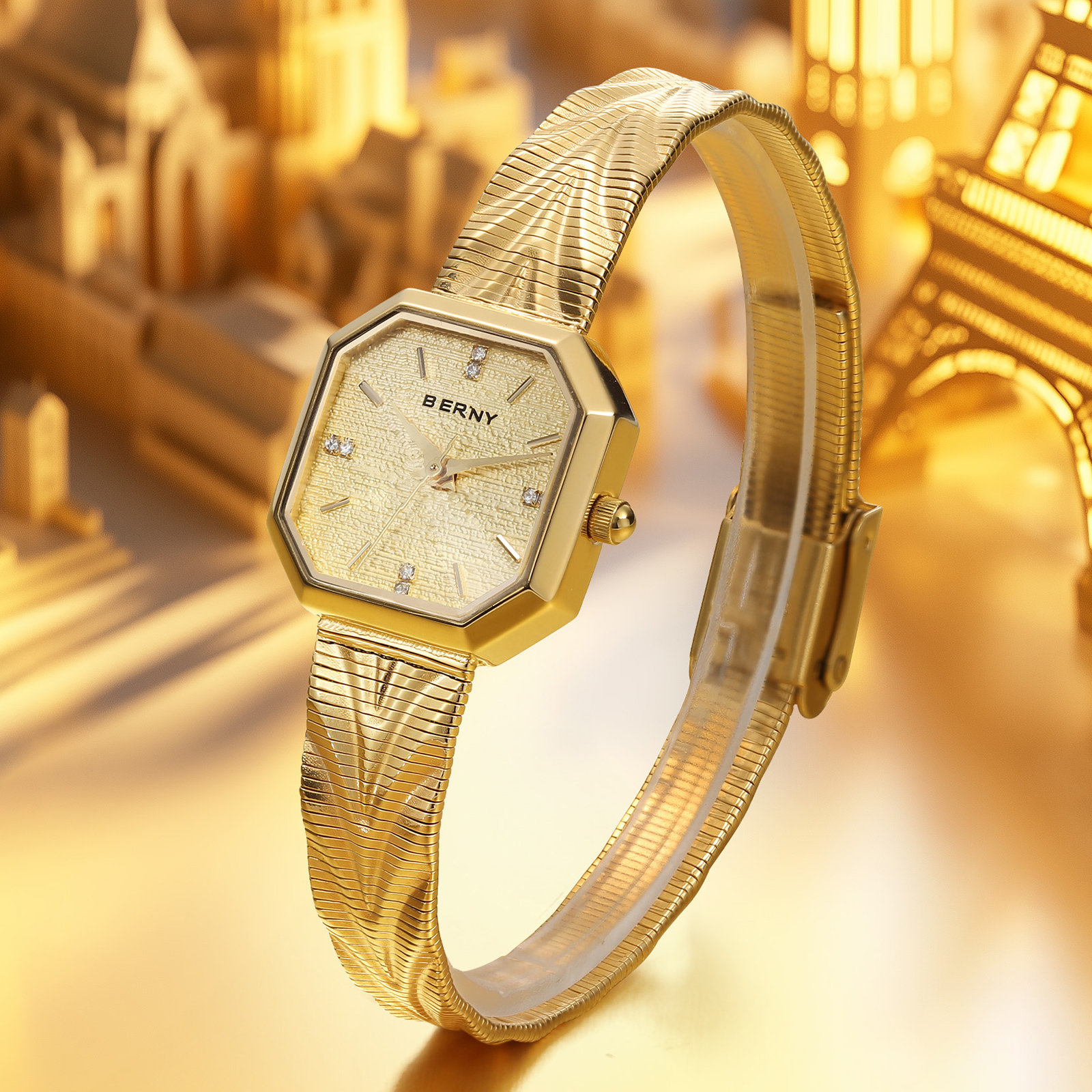 BERNY Small Gold Watches for Women, Dainty Luxury Diamond Dial, Stainless Steel Bracelet Watch, Fashion Ladies Analog Quartz Watch, Minimalist Waterproof Womens Wristwatch Gifts (Gold #1)