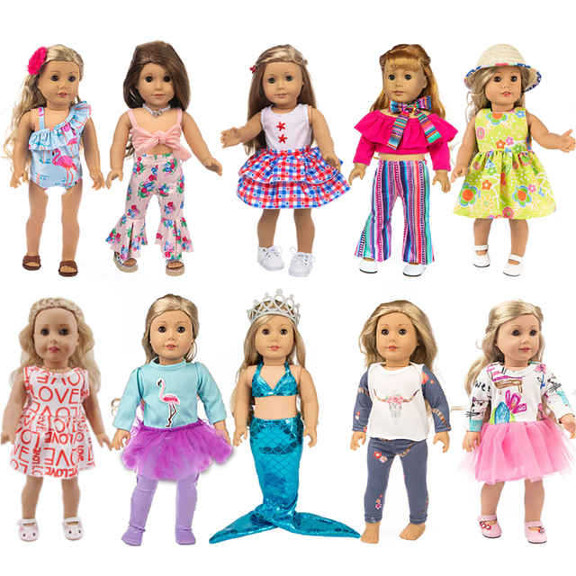 kit de ropa para muñecas, conjunto de vestir para muñecas a la moda, novedad realista, conjunto de ropa para muñecas Multicolor — Rejilla frontal con 10 estilos de ropa para muñecas de 18 pulgadas: vestidos florales y a cuadros, pantalón a rayas con top, traje de sirena, tutú y ropa casual; telas estampadas multicolor visibles. Incluye 2 pinzas para el cabello, diadema de corona y bufanda de cuello. Fondo blanco de estudio.