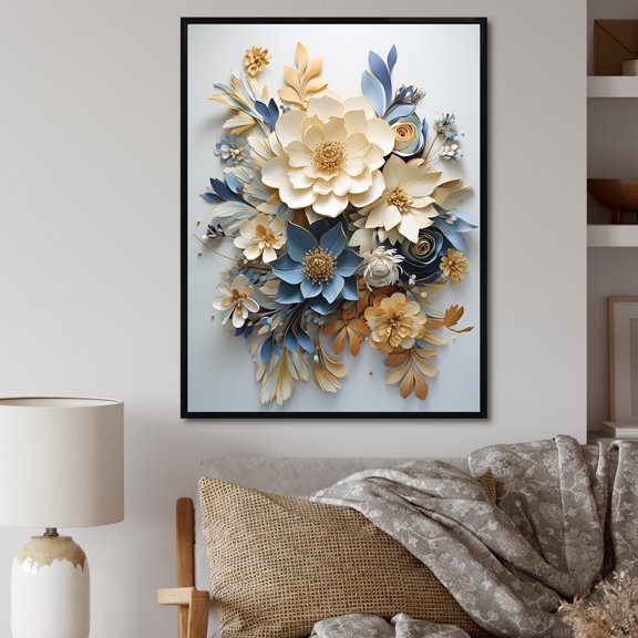 Designart "Serene Blue Floral Mixture V" Seasonal Flowers Floater Framed Wall Decor