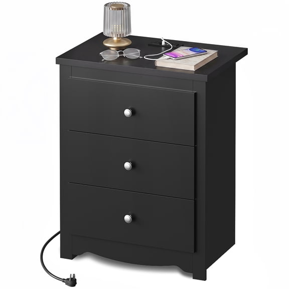 GALAXHERO Tall Nightstand with Charging Station, Black Nightstand with 3 Drawers, Wood Bedside Table for Bedroom, End Side Table for Living room and Dorm