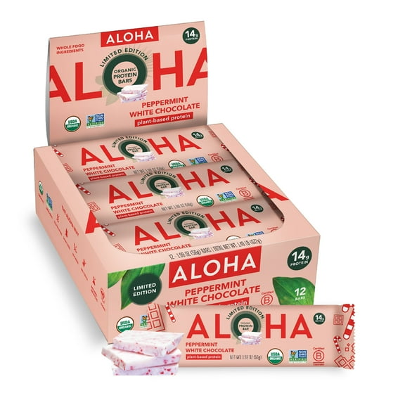 ALOHA, Plant Based Protein Bars, Peppermint White Chocolate (Pack of 12)