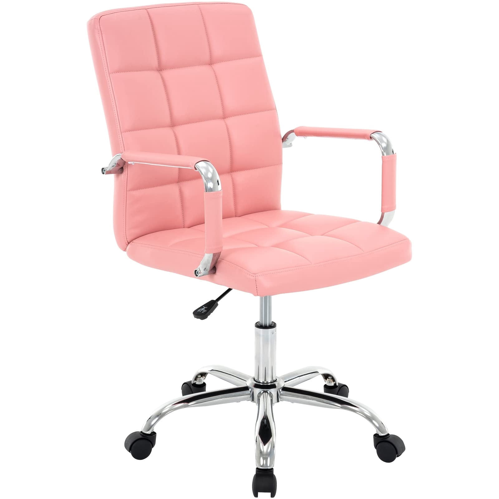 PU Leather Office Chair with Arms, Adjustable Height, Swivel Rolling Desk Chair, Mid-Back Upholstered Modern Chair for Home, Study, or Vanity, Light Pink
