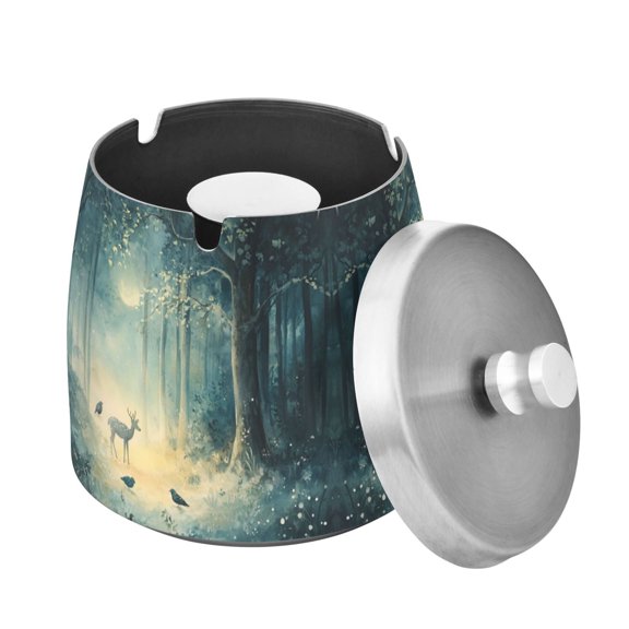 Yayeee Ashtray with Lid for Cigarette Smokeless Stainless Steel Home Ash Holder, Night Forest Scene