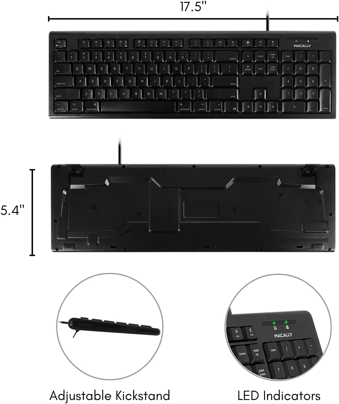 Macally Full-Size USB Wired Keyboard for Mac Mini/Pro, iMac Desktop Computer, MacBook Pro/Air Desktop w/ 16 Compatible Apple Shortcuts, Extended with Number Keypad, Rubber Domed Keycaps - Spill Proof