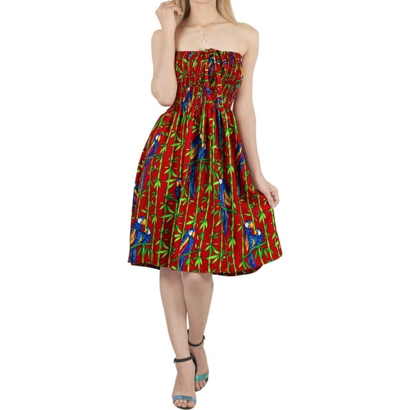 HAPPY BAY Women's Summer Boho Beach Halter Smocked Mini Flowy Dress Tube Top Strapless Dresses for Women One Size Poppy, Parrots