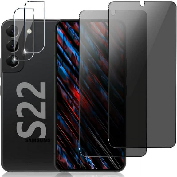 [2 2 Pack] Privacy Screen Protector and Camera Lens Protector for Samsung Galaxy S22 6.1 Inch Tempered Glass Saver, Full Coverage, 9H Hardness HD Anti-spy, Compatible Cases