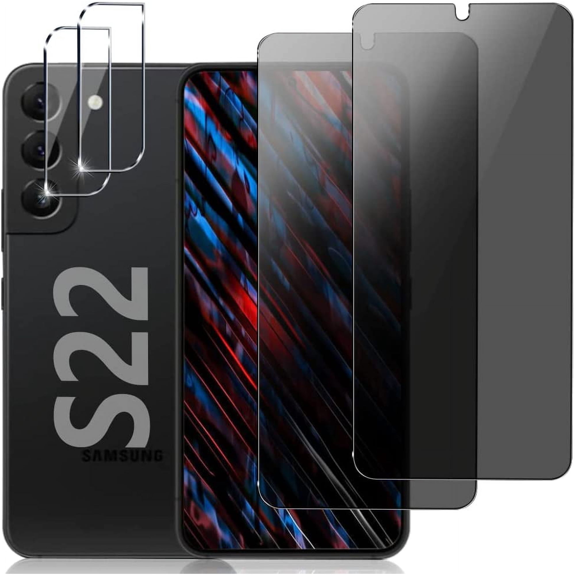[2+2 Pack] Privacy Screen Protector and Camera Lens Protector for Samsung Galaxy S22 6.1 inch Tempered Glass Saver, Full Coverage, 9H Hardness HD Anti-Spy, Fingerprint Unlock, Compatible Cases