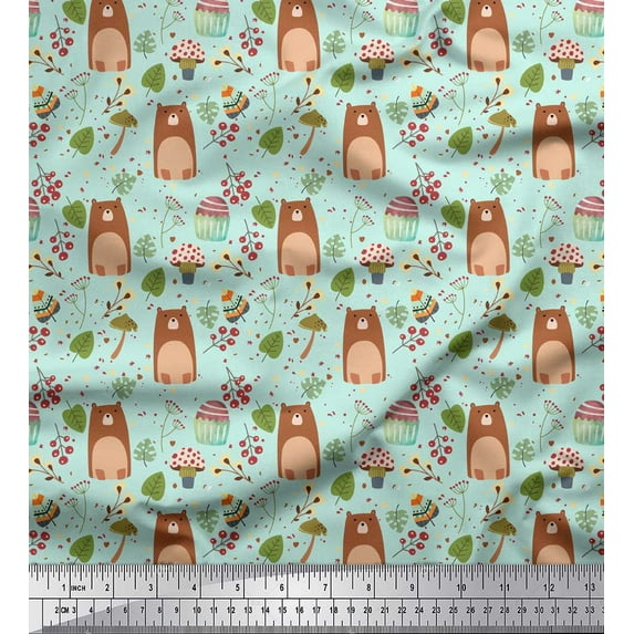 Soimoi Green Cotton Jersey Fabric Teddy Bear & Leaves Kids Printed Fabric 1 Yard 58 Inch Wide